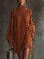 Flowering Girl Women Orange Corduroy Loose Tassel Hem High Collar Dress