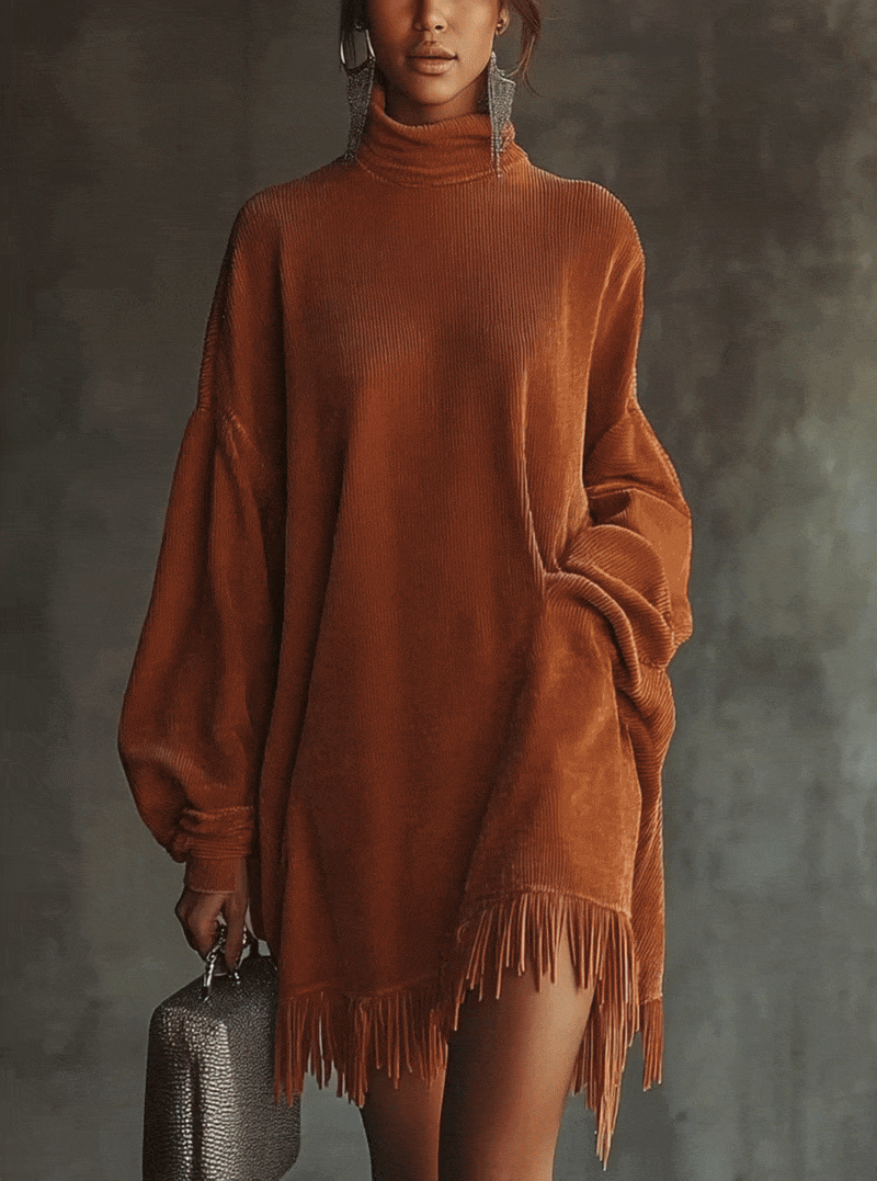 Flowering Girl Women Orange Corduroy Loose Tassel Hem High Collar Dress