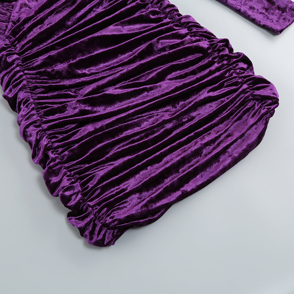Flowering Girl Women Purple V Neck Ruched Velvet Mini Dress