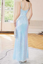 Light Blue Sequin Spaghetti Strap Slit Maxi Dress