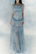 hermosa Lace splicing layer maxi dress in blue