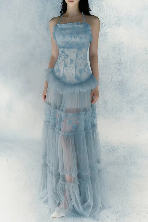 hermosa Lace splicing layer maxi dress in blue