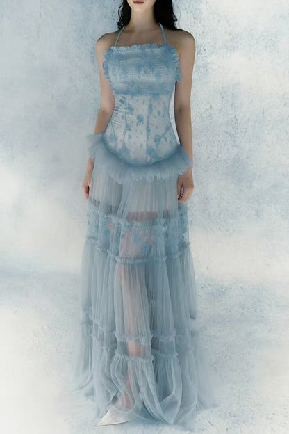 hermosa Lace splicing layer maxi dress in blue