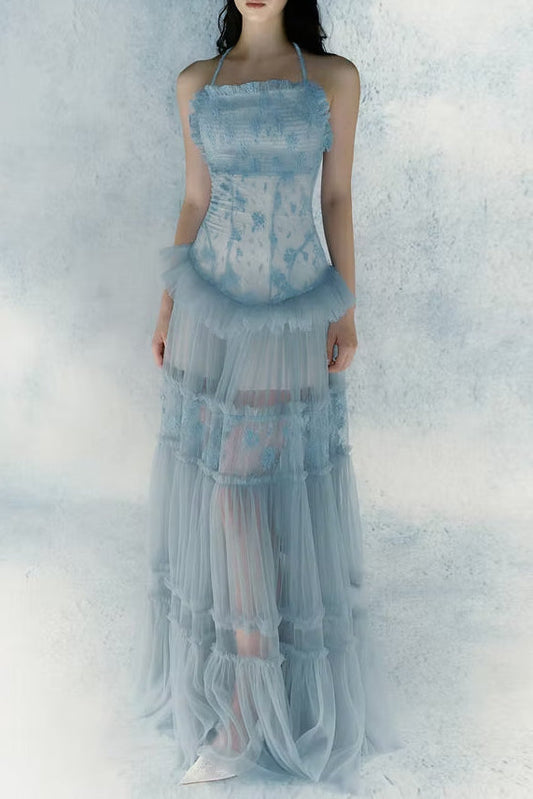 hermosa Lace splicing layer maxi dress in blue