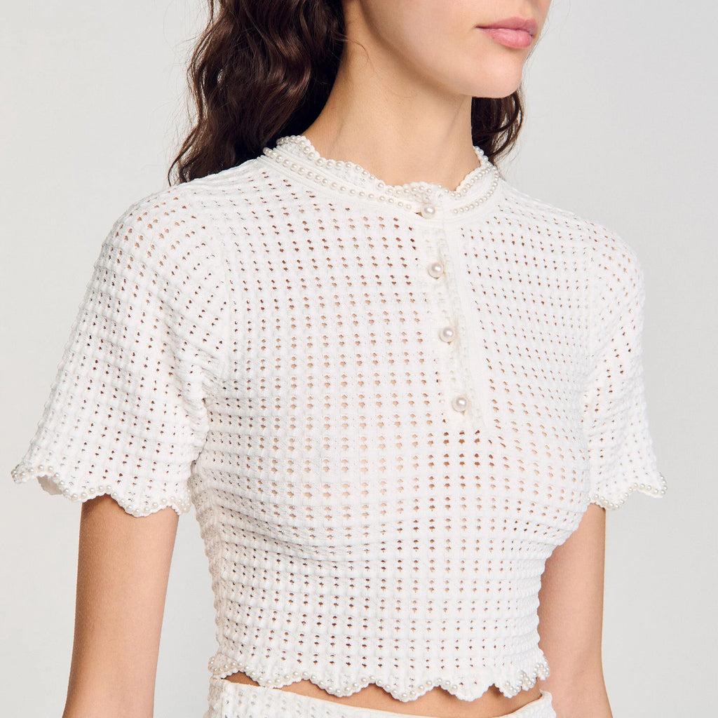 Angela Ruffle Trim Pearl Beaded Knit Sweater