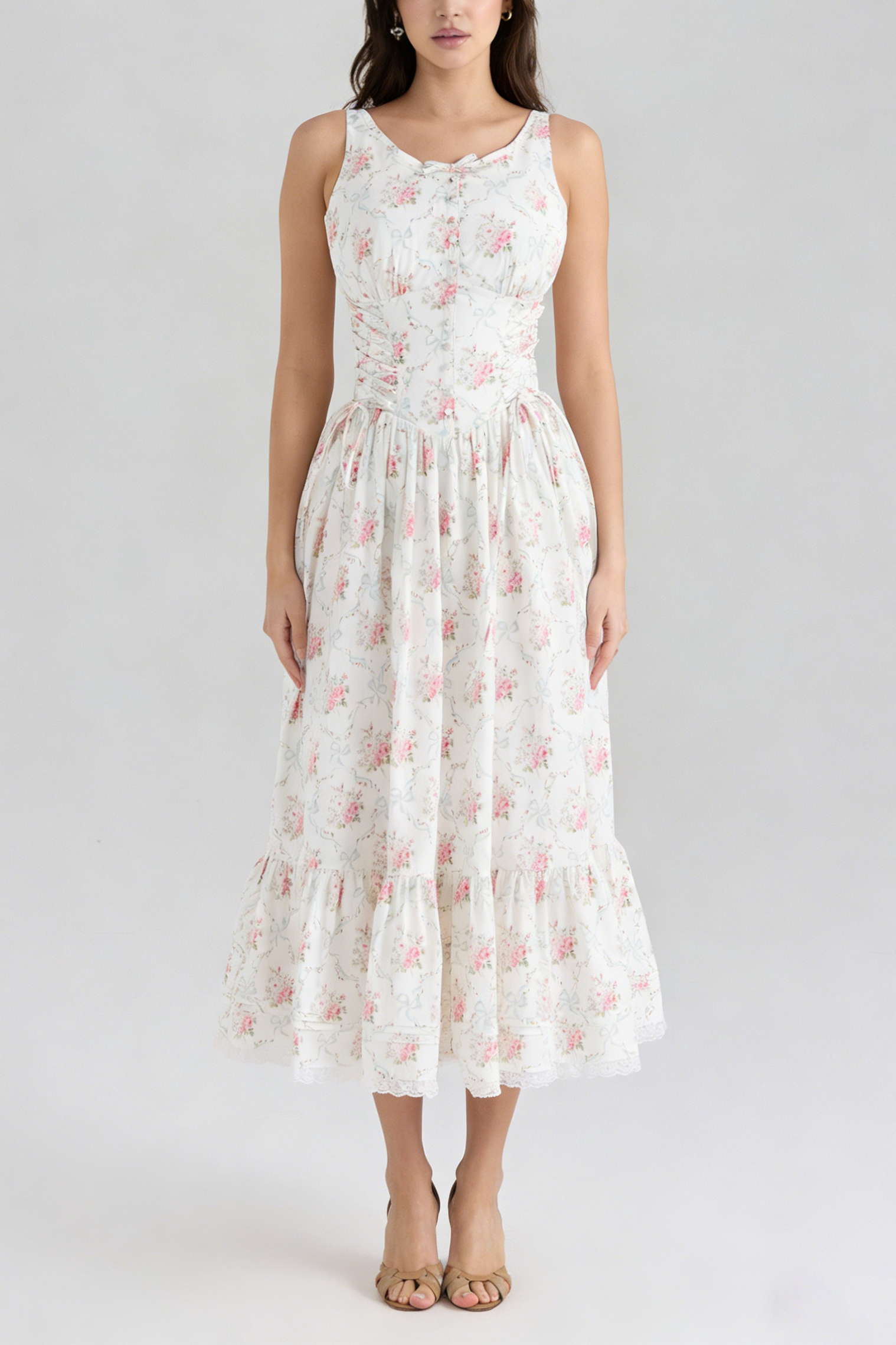 Hedy Elastic Printed Tie-Waist Midi Dress——Pink