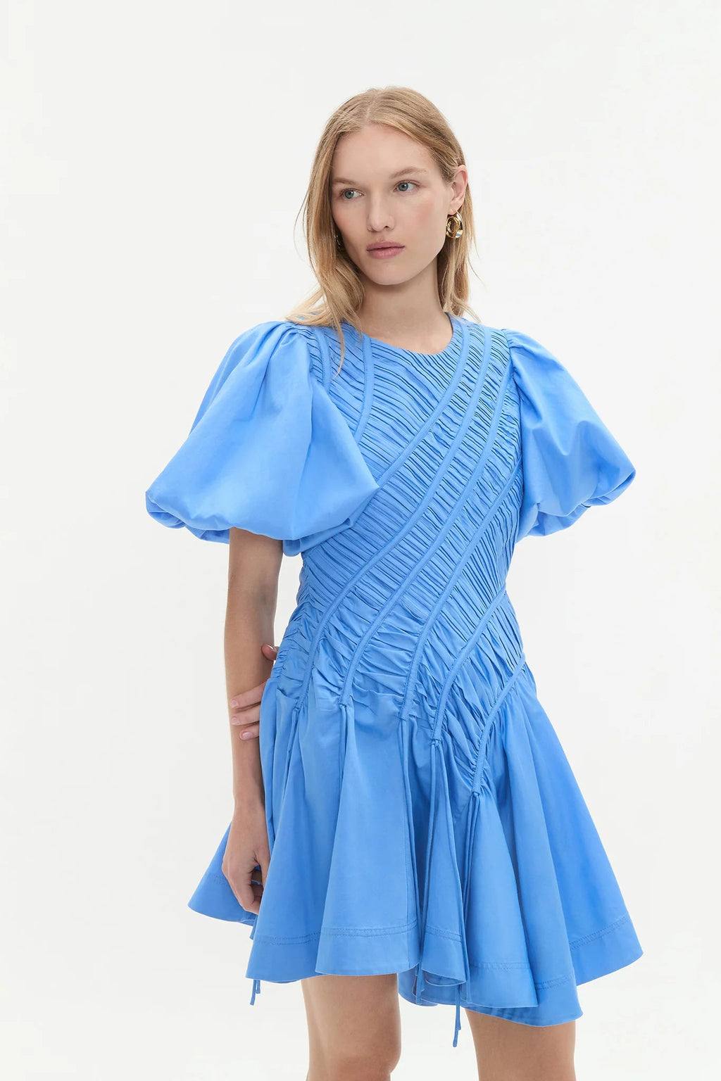 Flowering Girl Women Eudora Asymmetric Pleated Puff Sleeve Mini Dress In Mist Blue