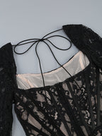 Flowering Girl Women long sleeve lace corset draped mini dress in black