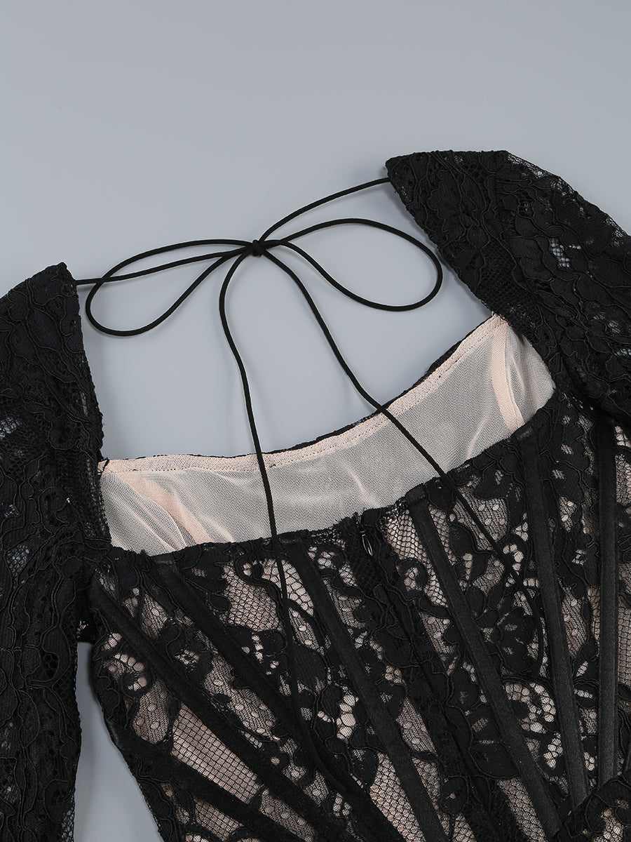 Flowering Girl Women long sleeve lace corset draped mini dress in black