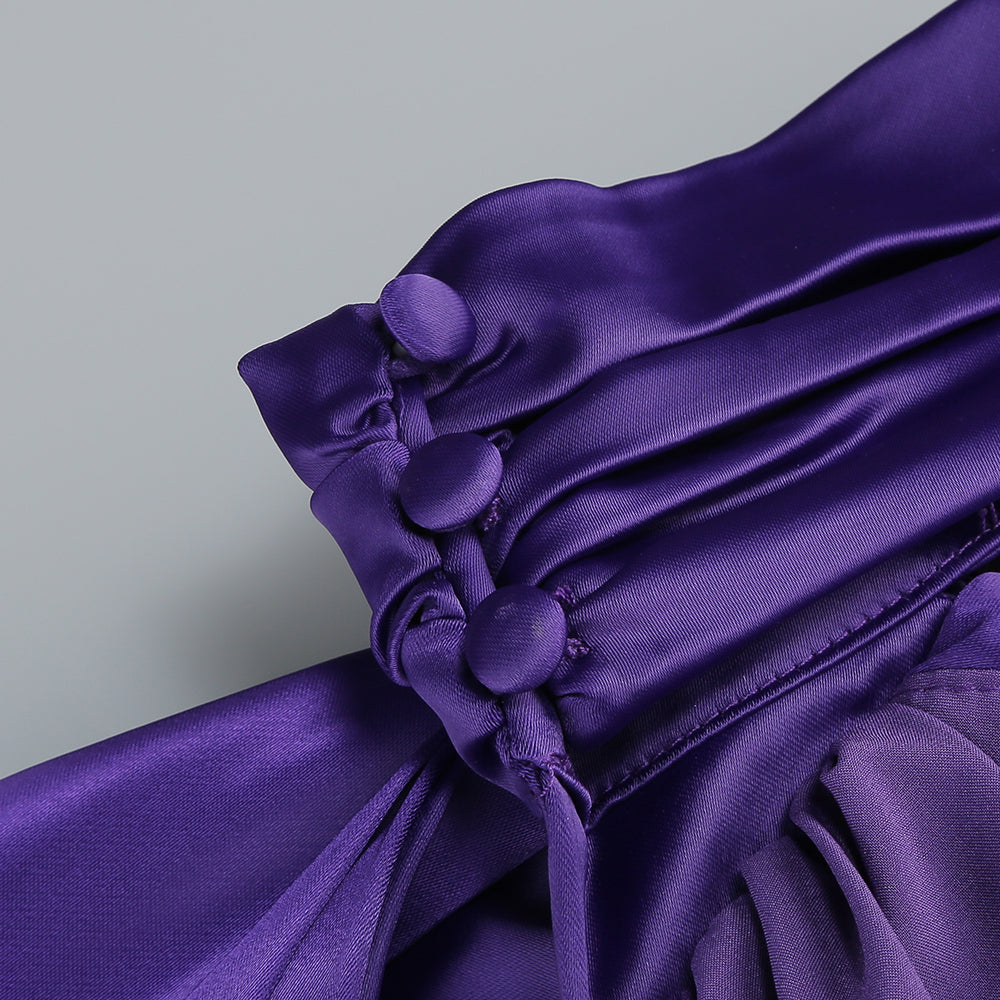 Flowering Girl Women satin wrap halter gown with flower in purple