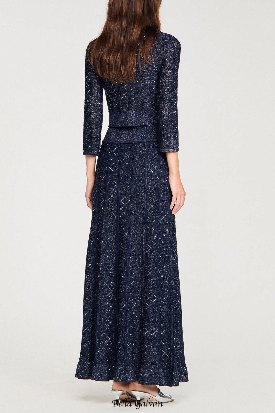 alexandra Rhinestone knit maxi skirt in navy blue
