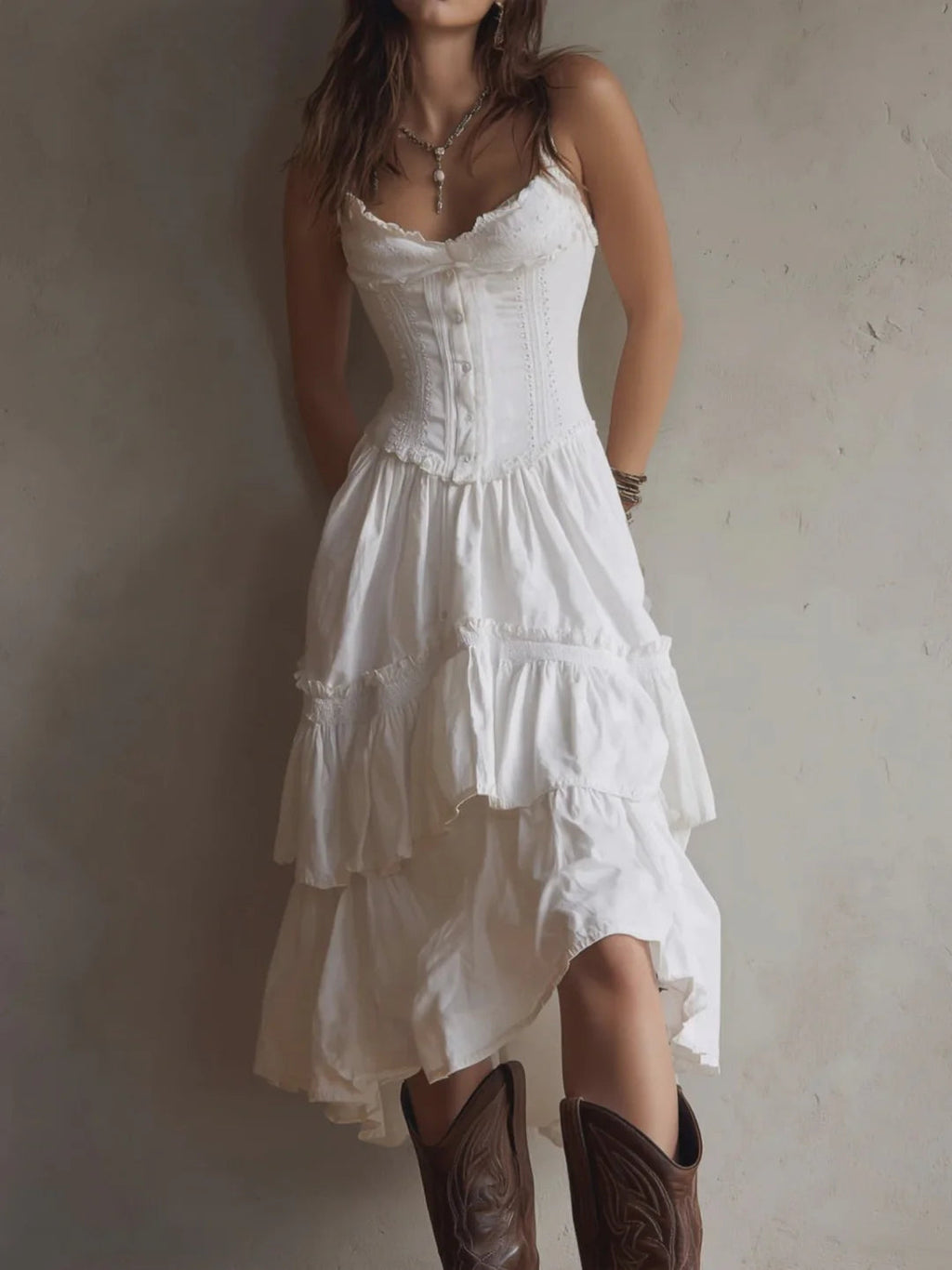white renee Corset Tiered Midi Dress With Lace-Trim