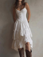 Corset-Style Lace Trim Tiered Midi Dress