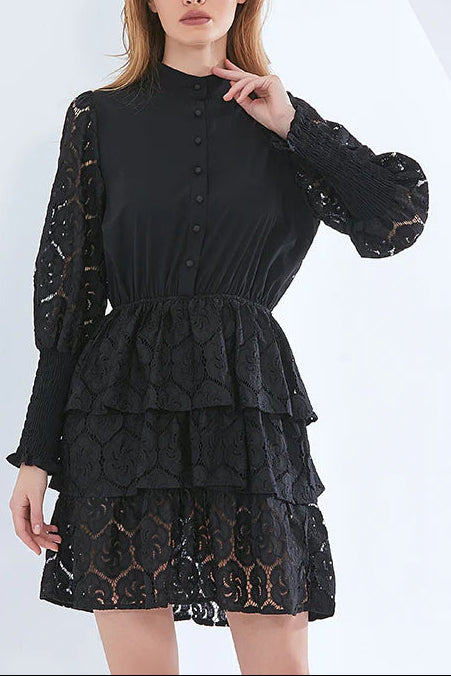 vanessa Long Sleeves Layered Lace Mini Dress in black