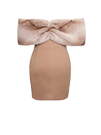 Turmeric Off Shoulder Fur Trim Mini Dress