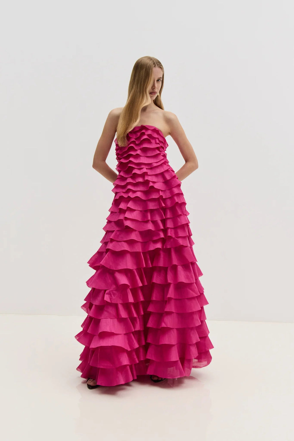 Cathy Pleated Layer Strapless Maxi Dress In Rose Red