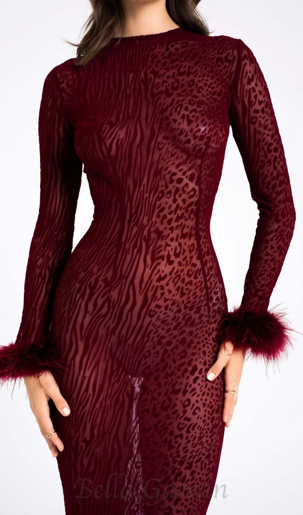 Flowering Girl Women burgundy mesh feather maxi dress