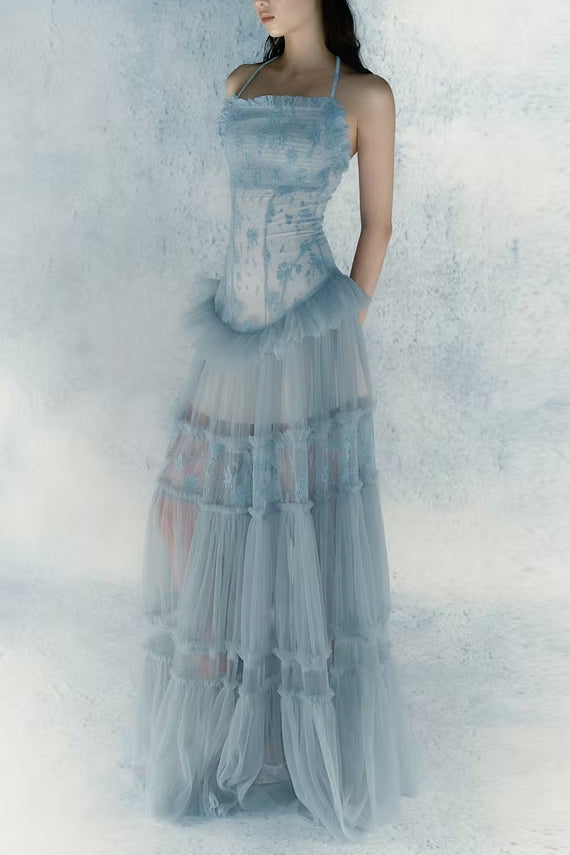 Hermosa Lace Splicing Layer Maxi Dress In Blue