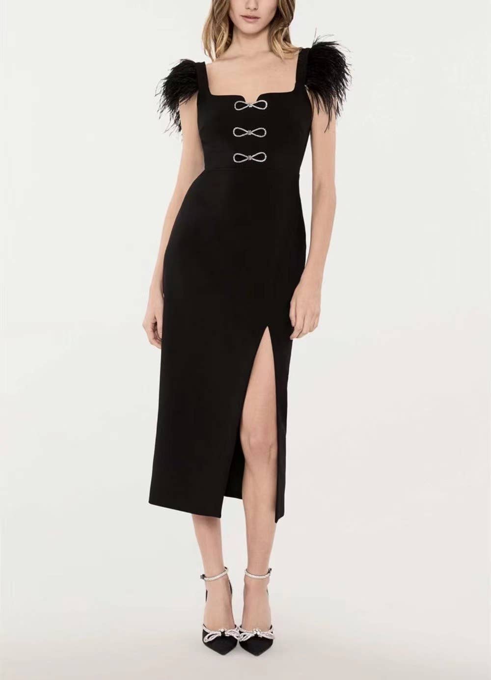 Flowering Girl Women Feather Trim Bandage Midi Dress