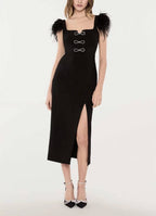 Flowering Girl Women Feather Trim Bandage Midi Dress