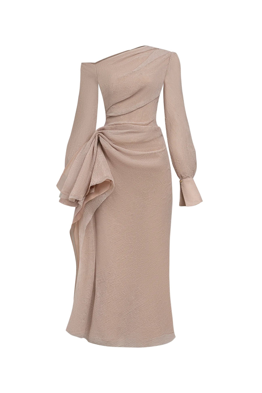 Flowering Girl Women Brianna Asymmetric Long Sleeve Pleated Maxi Dress In Beige