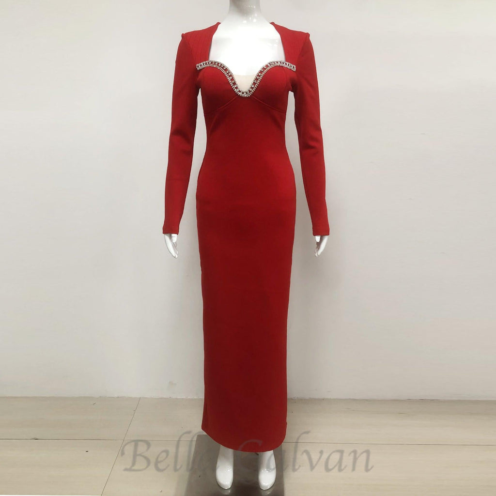 Flowering Girl Women sylvia crystal embellished long sleeve maxi dress in red