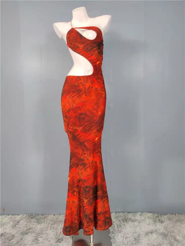 Flowering Girl Women Cut Out Printed Maxi Dress Orange