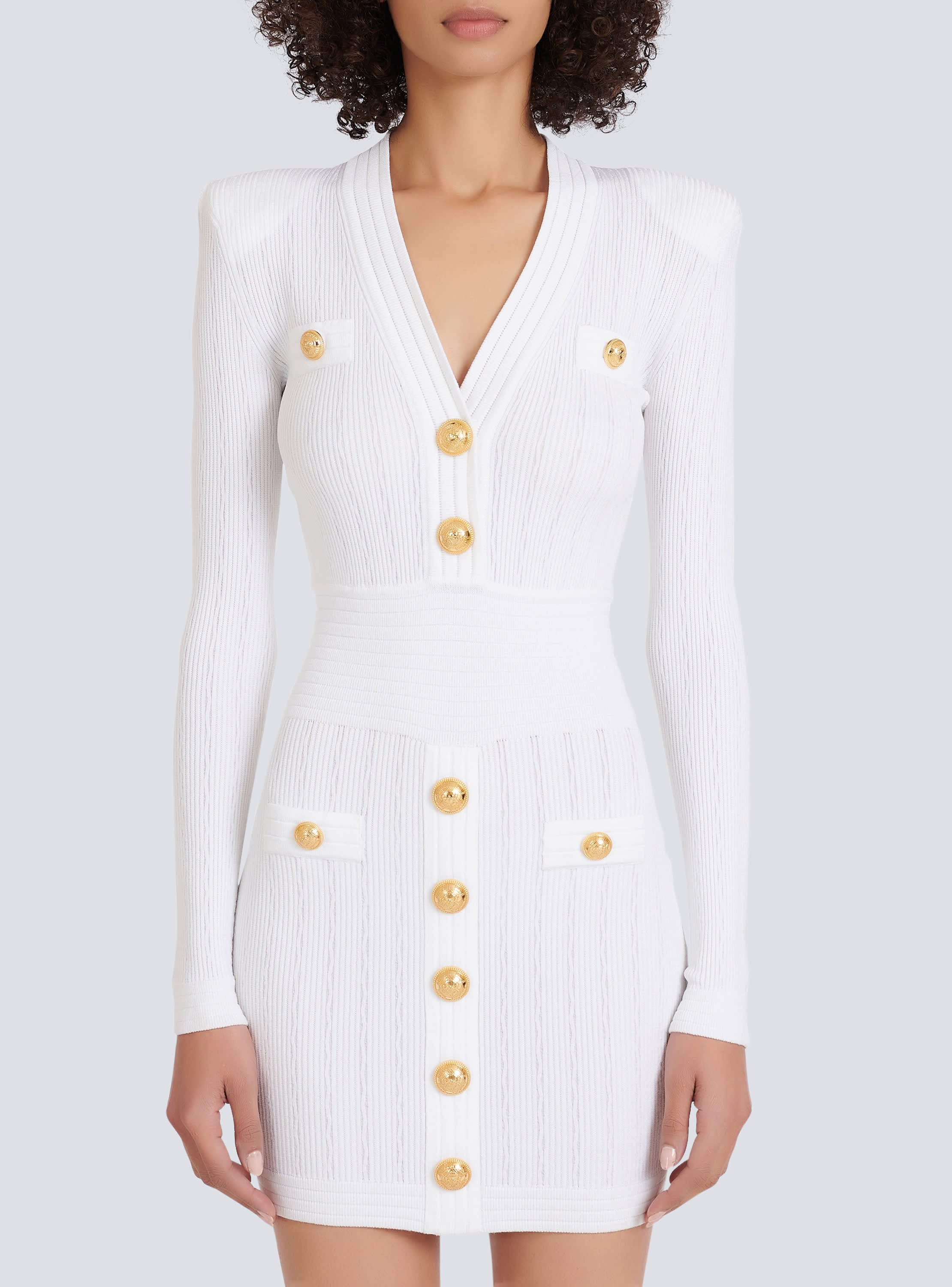 vicky v-neck button-detail ribbed mini dress in white