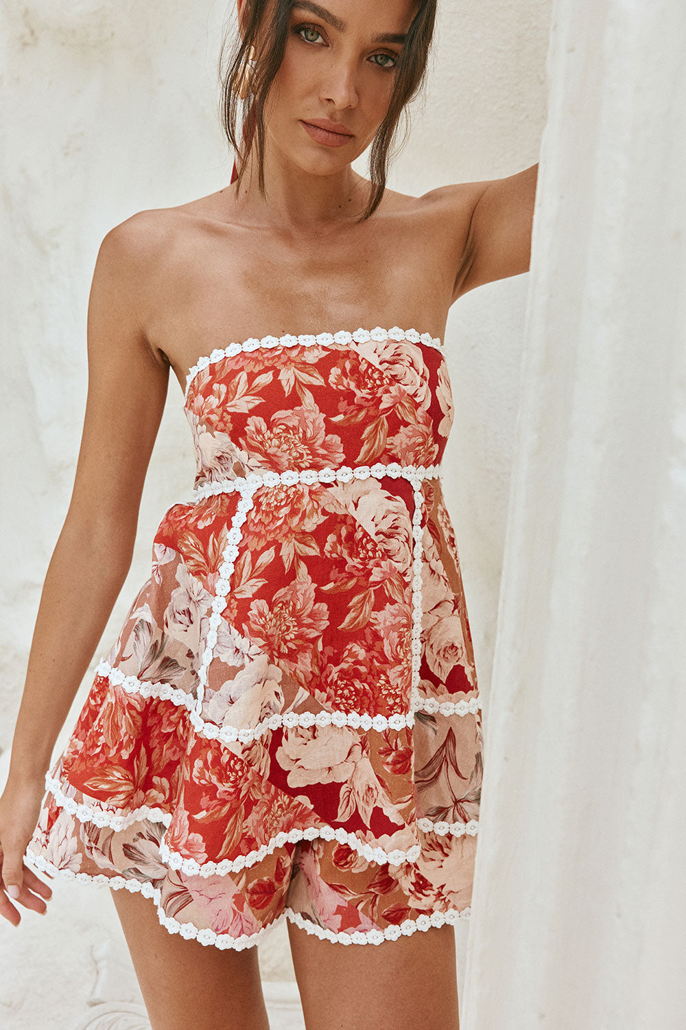 Flowering Girl Women Linen lace-trim print strapless top shorts set - red