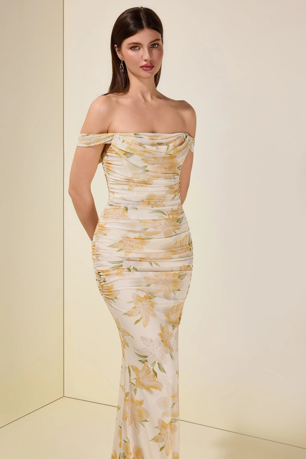 xaviera Mesh Floral Gathering Maxi Dress - yellow