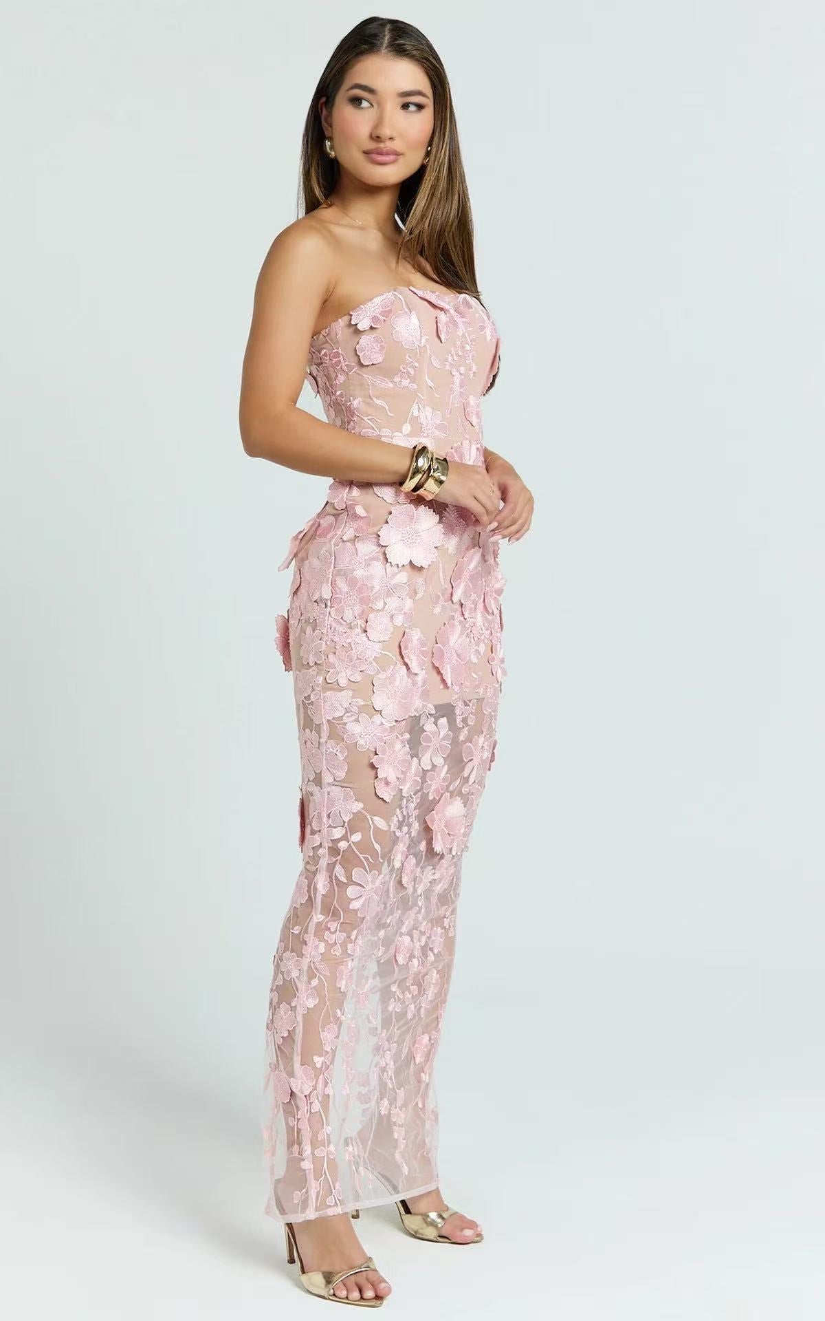 Strapless 3D Floral Mesh Maxi Dress