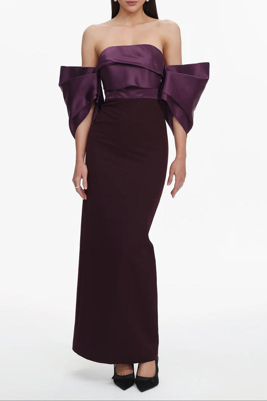 xaviera Off-Shoulder Pleated Satin Maxi Dress - dark purple