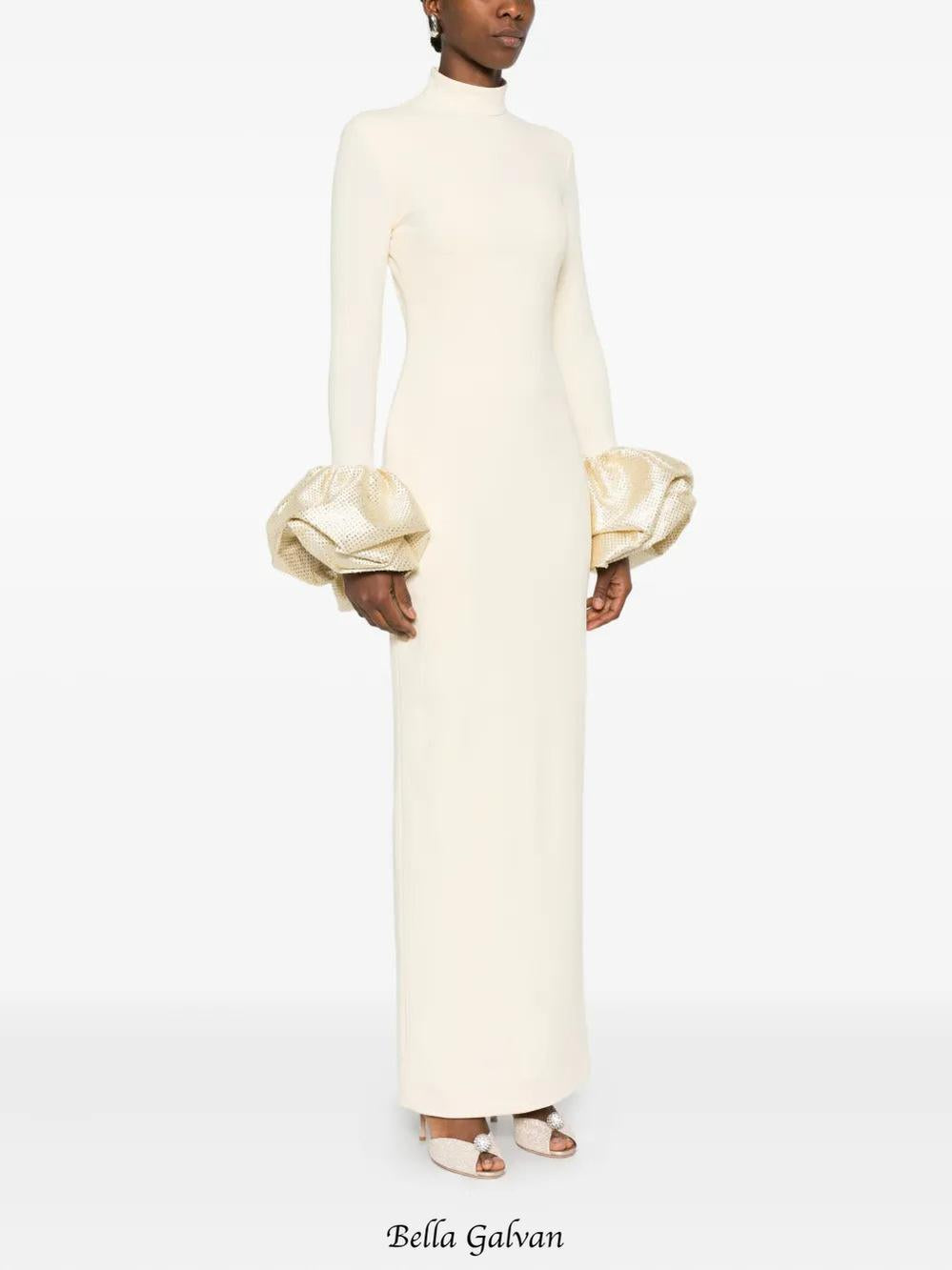 rachel white ruffled crystal-embellished crepe mock-neck gown