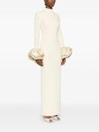 Rachel White Ruffled Crystal-Embellished Crepe Mock-Neck Gown