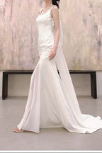 White Sleeveless Square Neck Mermaid Wedding Dress with Train