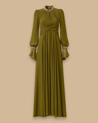 alyssa puff long sleeve pleated silk maxi dress in green