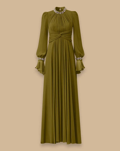 alyssa puff long sleeve pleated silk maxi dress in green