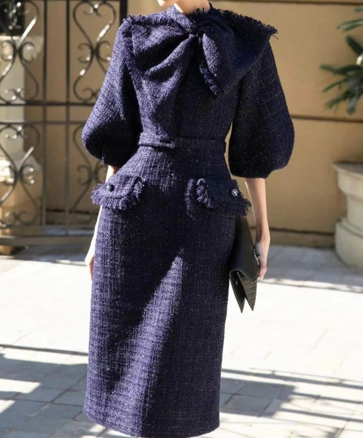 Mildred Tweed Bow Collar Midi Dress In Dark Blue