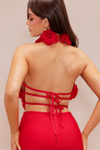 Flowering Girl Women halter 3d flower hollow out backless maxi dress in red