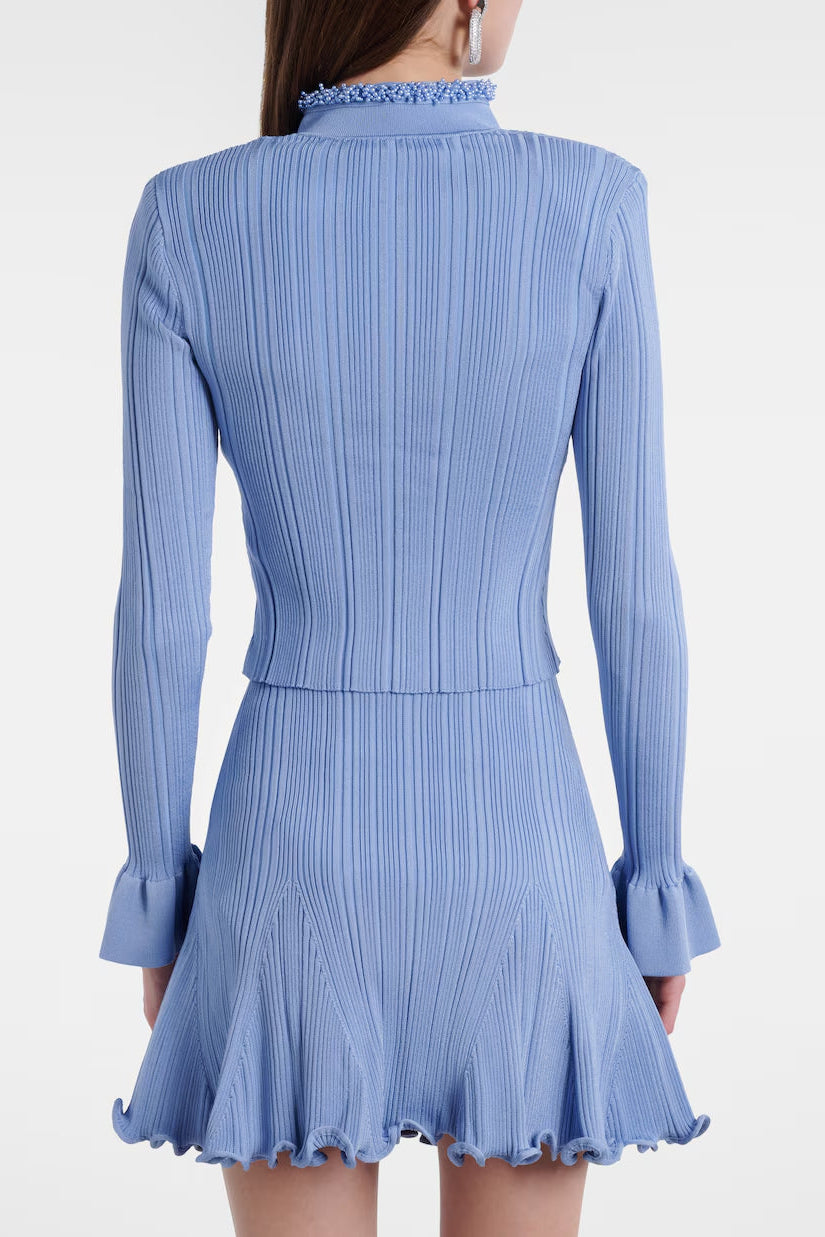 Polly Blue Beaded Knit Blouse & Skirt Set