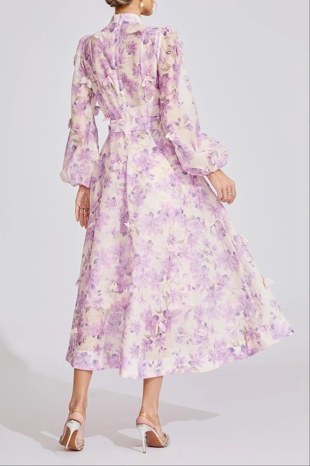 Simona Floral Print Lantern Sleeve Maxi Dress In Purple
