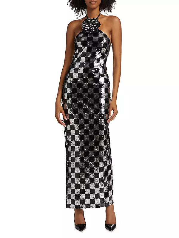 Flowering Girl Women checkerboard sequin halter gown with flower