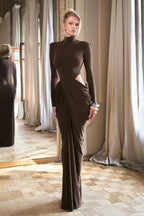 Jacqueline Turtleneck Long Sleeve Cutout Bodycon Gown In Brown