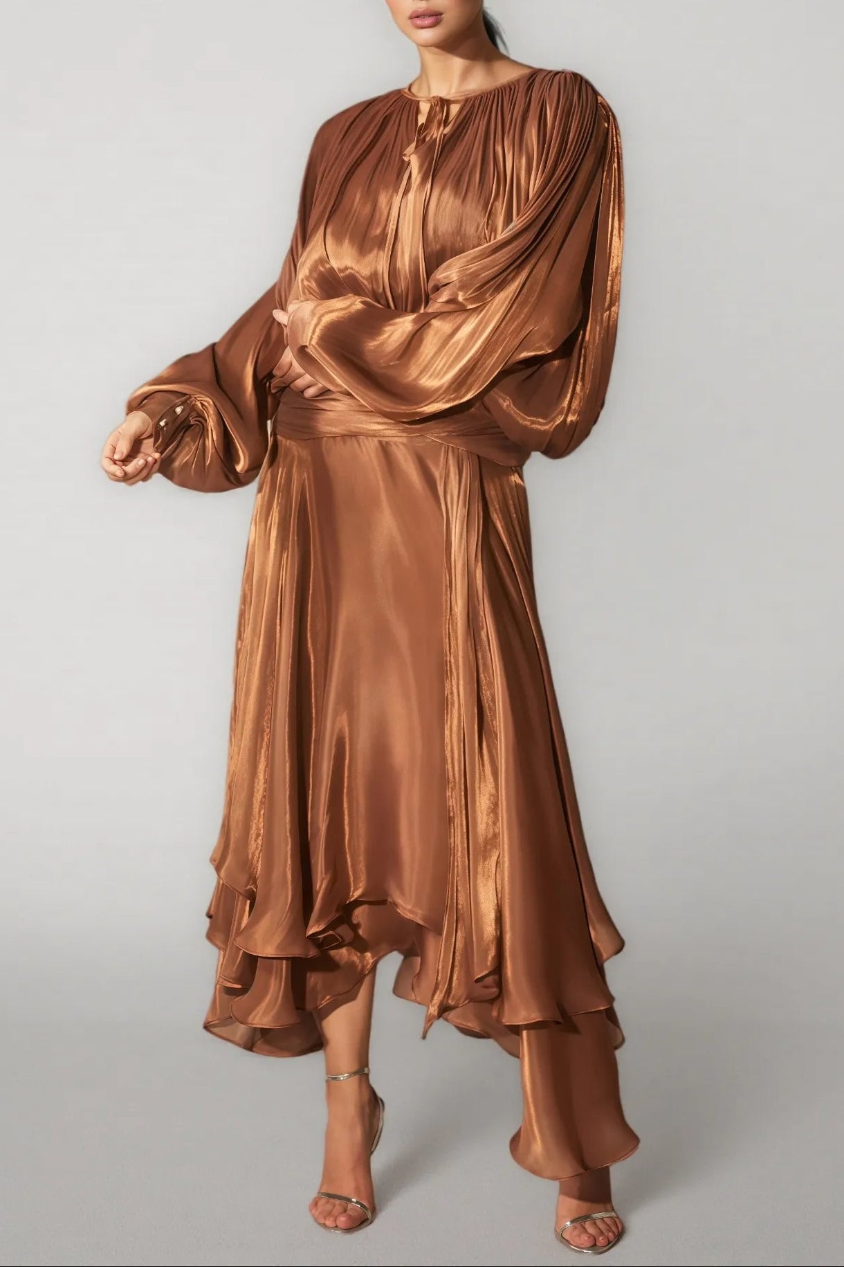 Brown Pleated Bodice Draped Puff Sleeve Maxi Dress