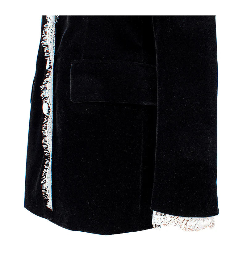 Flowering Girl Women lace-neck velvet blazer in black