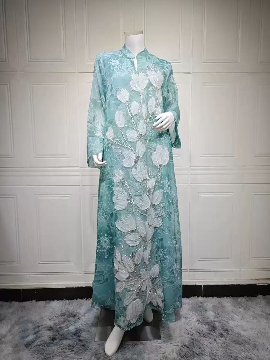 Floral Embroidered Abaya-Style Maxi Dress