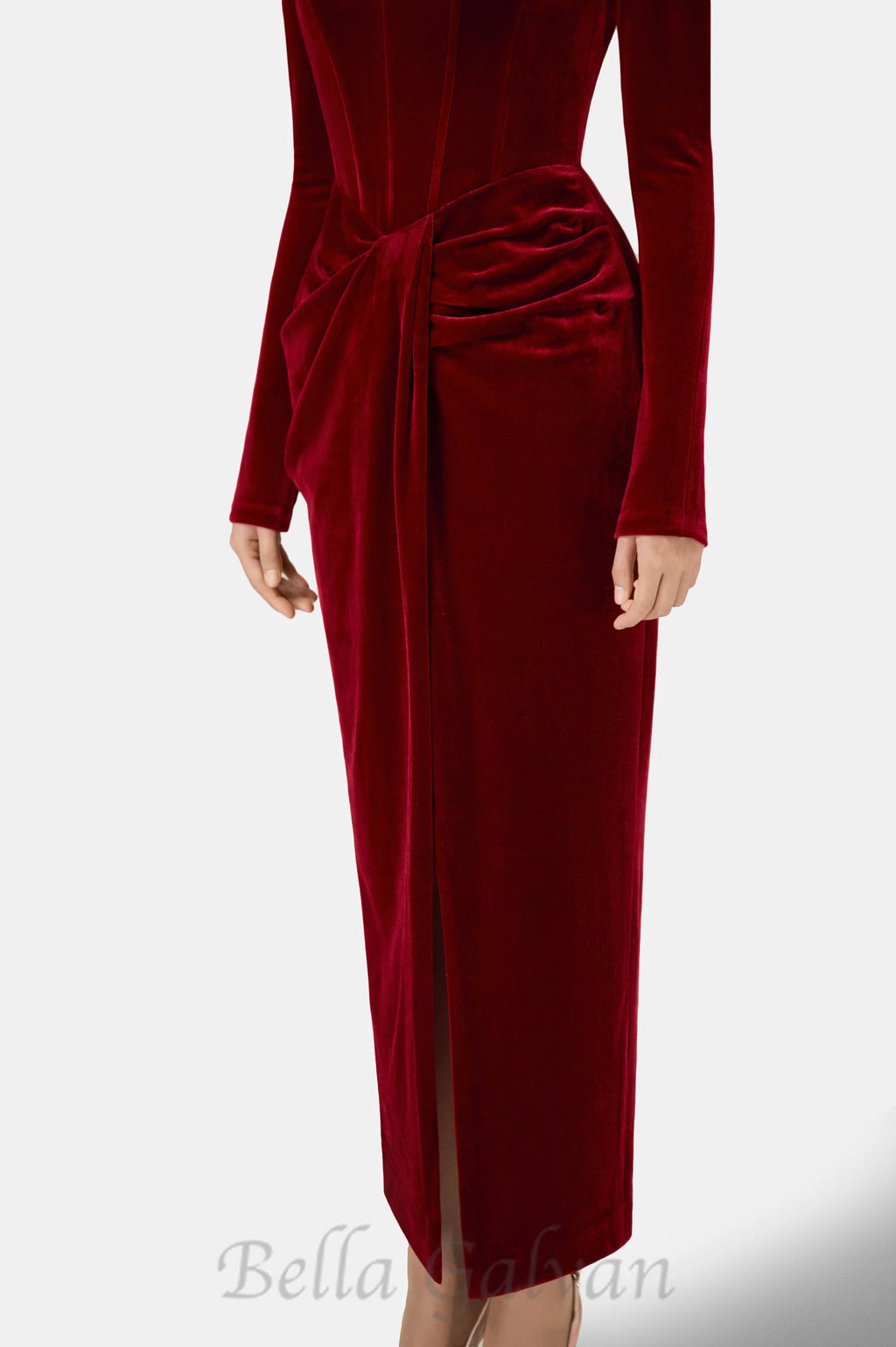 Flowering Girl Women Bordeaux Velvet Draped midi Dress