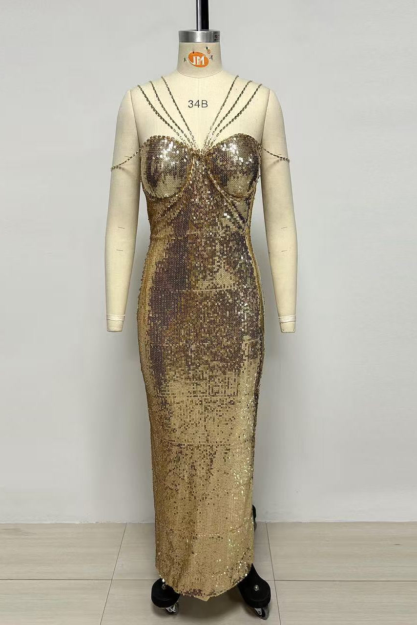 Sequin Rhinestone Strap Mermaid Maxi Gown