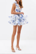 Flowering Girl Women Helen 3D Flower Chiffon Ruffle Mini Dress In Blue