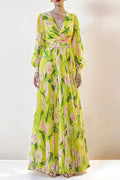 Flowering Girl Women V-Neck Silk Printed Pleated Maxi Dress In Yellow